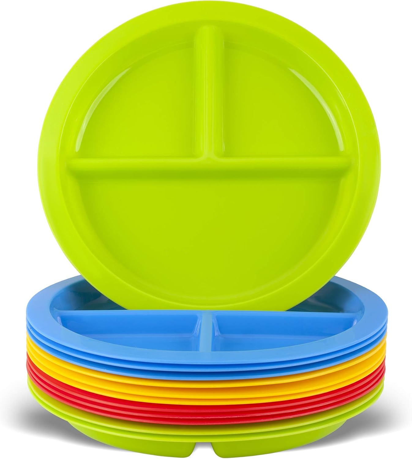 Plaskidy 3 – Compartment Divided Plates for Kids – Set of 12 Plastic Children Trays for Eating with Dividers – 4 Bright Colors (3 of Each Color) Dishwasher Microwave Safe BPA Free for Toddler and Kids