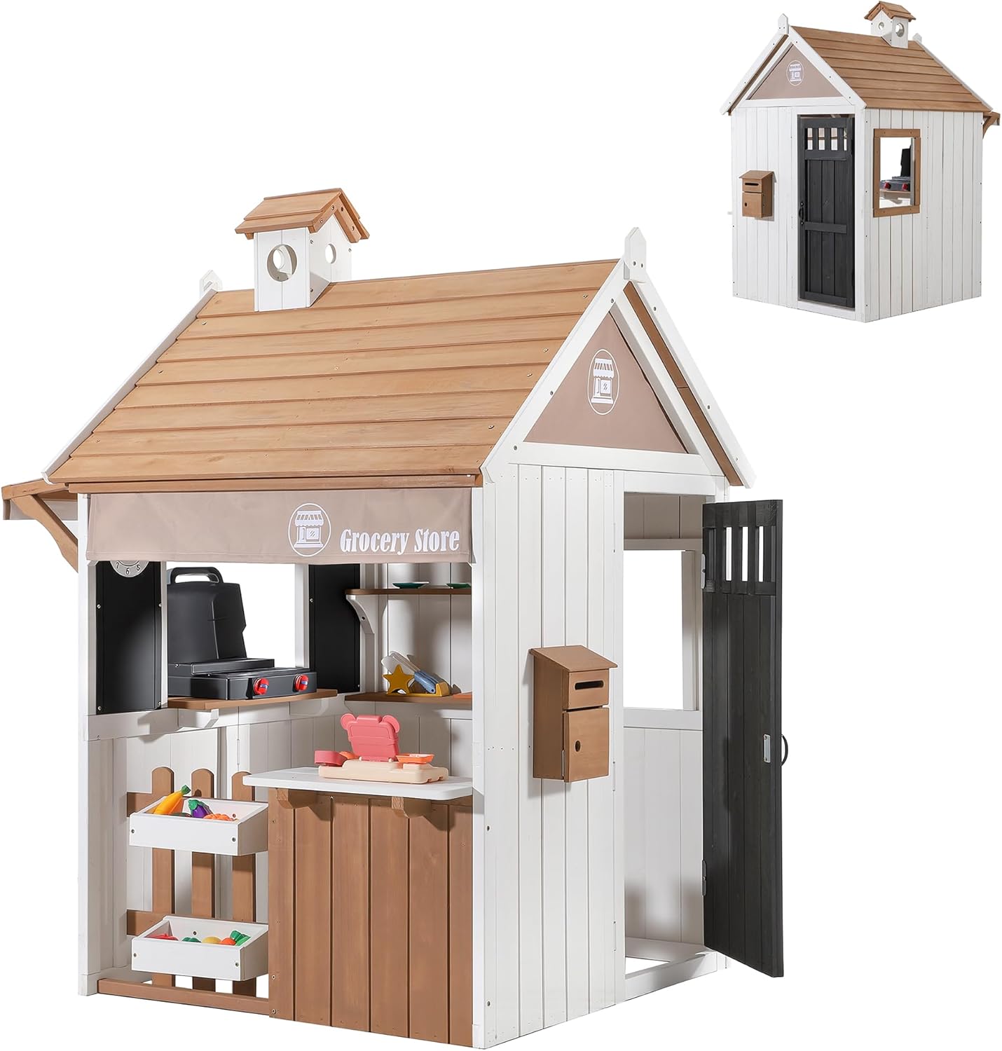 Kids Playhouse Outdoor, 2-in-1 Grocery Store & BBQ Grill Station, Premium Cedar Wooden Children’s Backyard Play House for Age 3-5 with Cash Register, Mailbox & Velcro Cutting Play Food Set