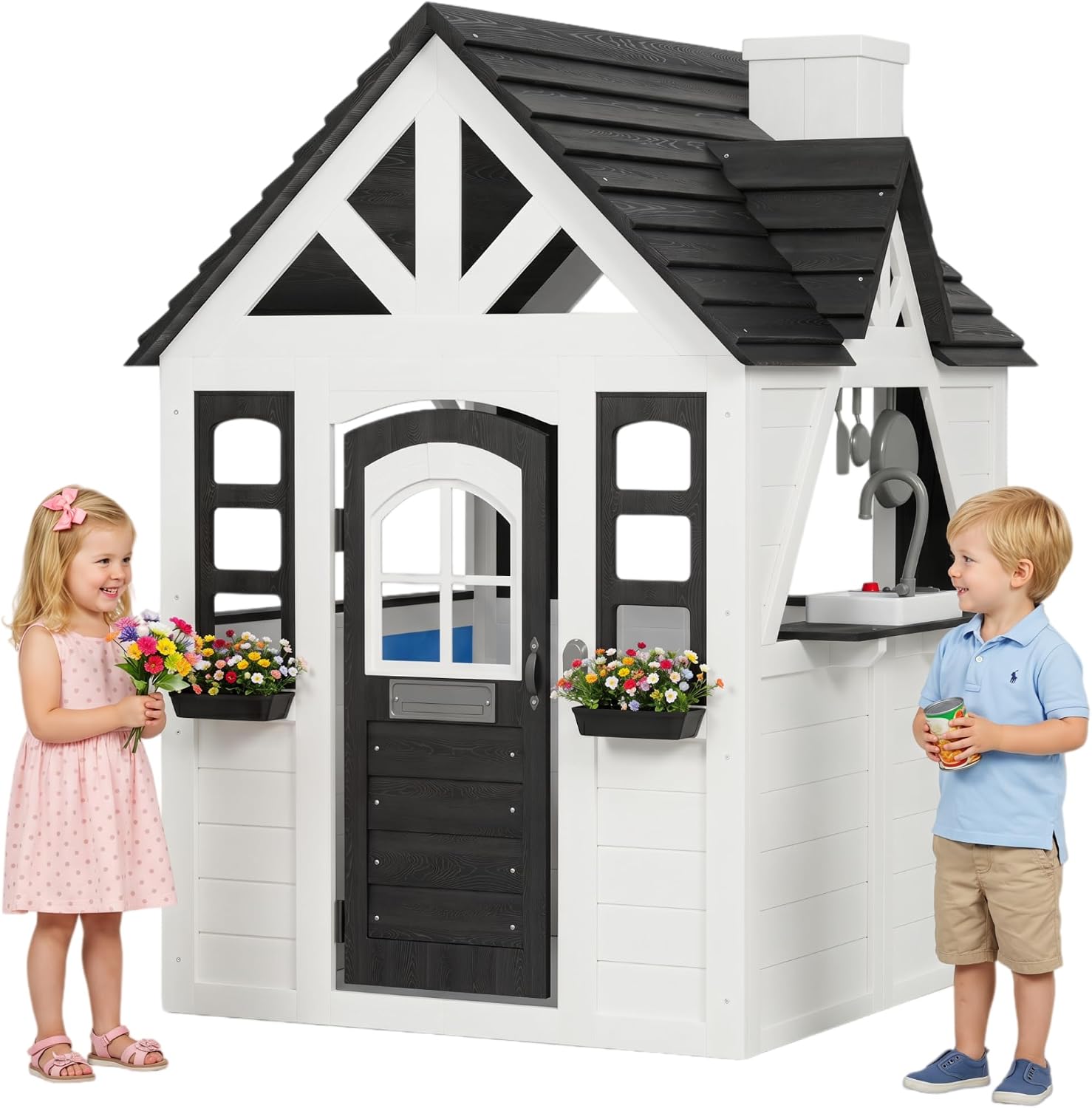 Aoxun Kids Outdoor Playhouse with Play Kitchen,Wooden Play House Playset Outdoor for Kids with Pet Door,Snack Bar,Doorbell, Flower Pots,Stove,Sink,Clock,Toddler Outside Playground for Garden,Backyard