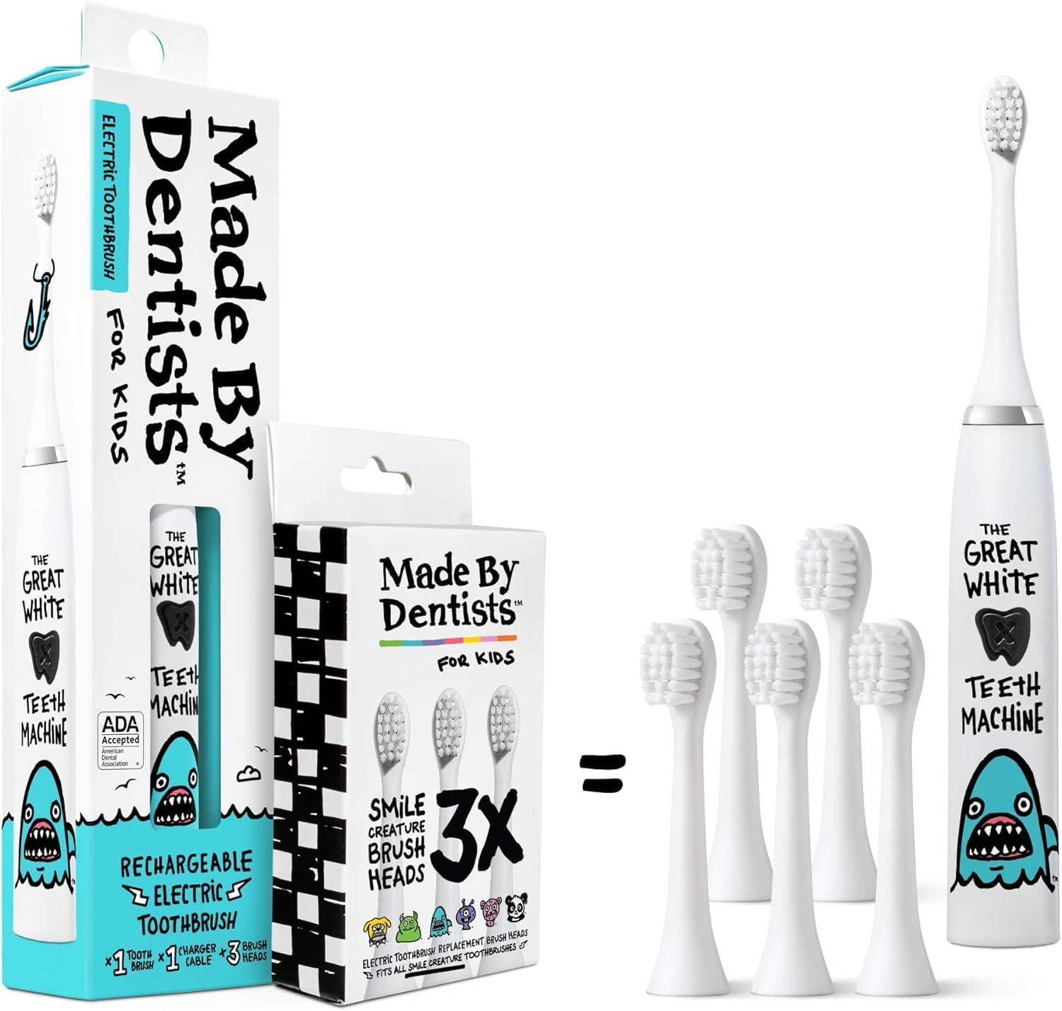 Made by Dentists Kids Electric Toothbrush – Rechargeable Vibrating Toothbrush with Timer, Includes 6 Replacement Heads, Gently Cleans Teeth, Kid & Toddlers Age 2+, Shark