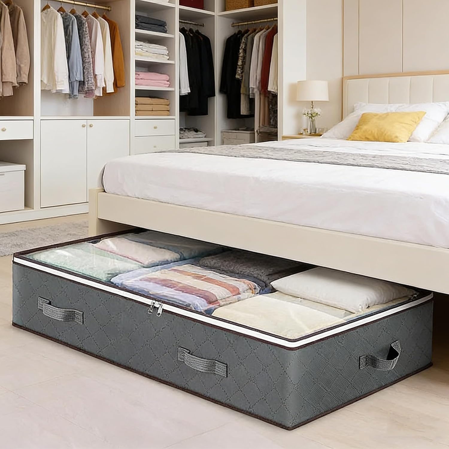 Under Bed Storage Box with Zipper Closure and Handles Low Profile for Bedroom, Living Room, Closet, Dorm & Storage Room, Gray