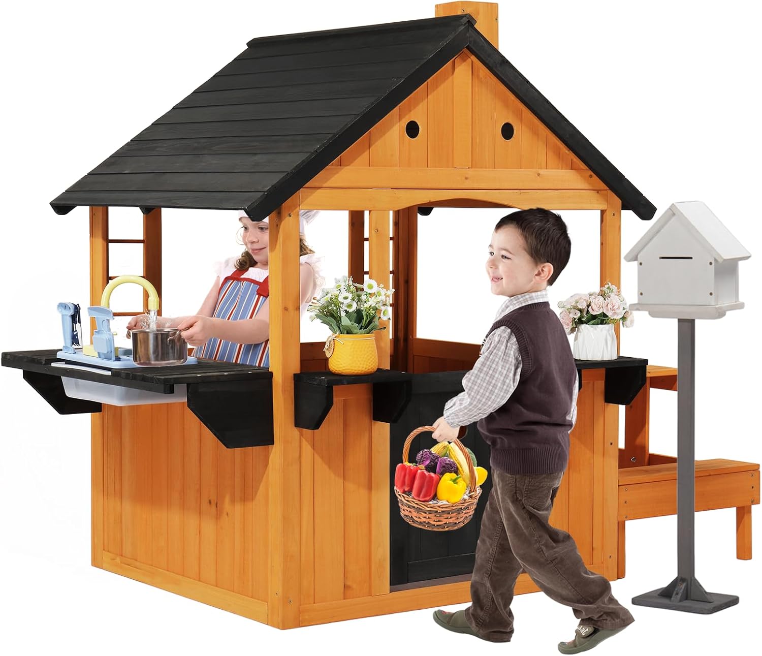 JOYMOR Kids Outdoor Playhouse with Sink Toys, Picnic Table, Mailbox, Spacious Wooden Toddler Playhouse for Backyard Kids 3-8Y DIY Room with Flowerpot Holders, Plastic Basin (Light Brown)