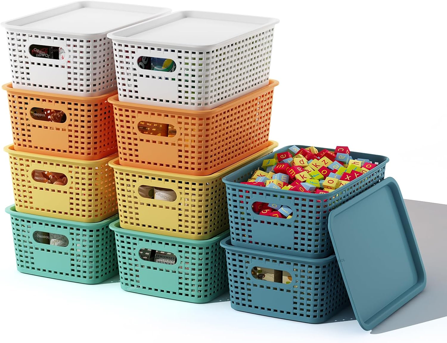 ORGIDOL Plastic Storage Basket with Lids 10 Pack Stackable Colorful Storage Bins Containers with Lid, Decorative Storage Boxes for Organizing Shelves, Drawers, Playroom, Classroom, Office, Closet