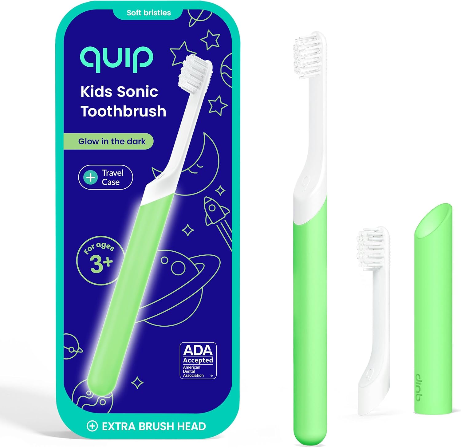 Quip Sonic Toothbrush for Kids with Timer – Includes Extra Brush Head and Travel Cover Mount – Electric, Soft Bristle Refill Head, Rubber Handle, 3 Month Battery Life – Glow in the Dark, Green