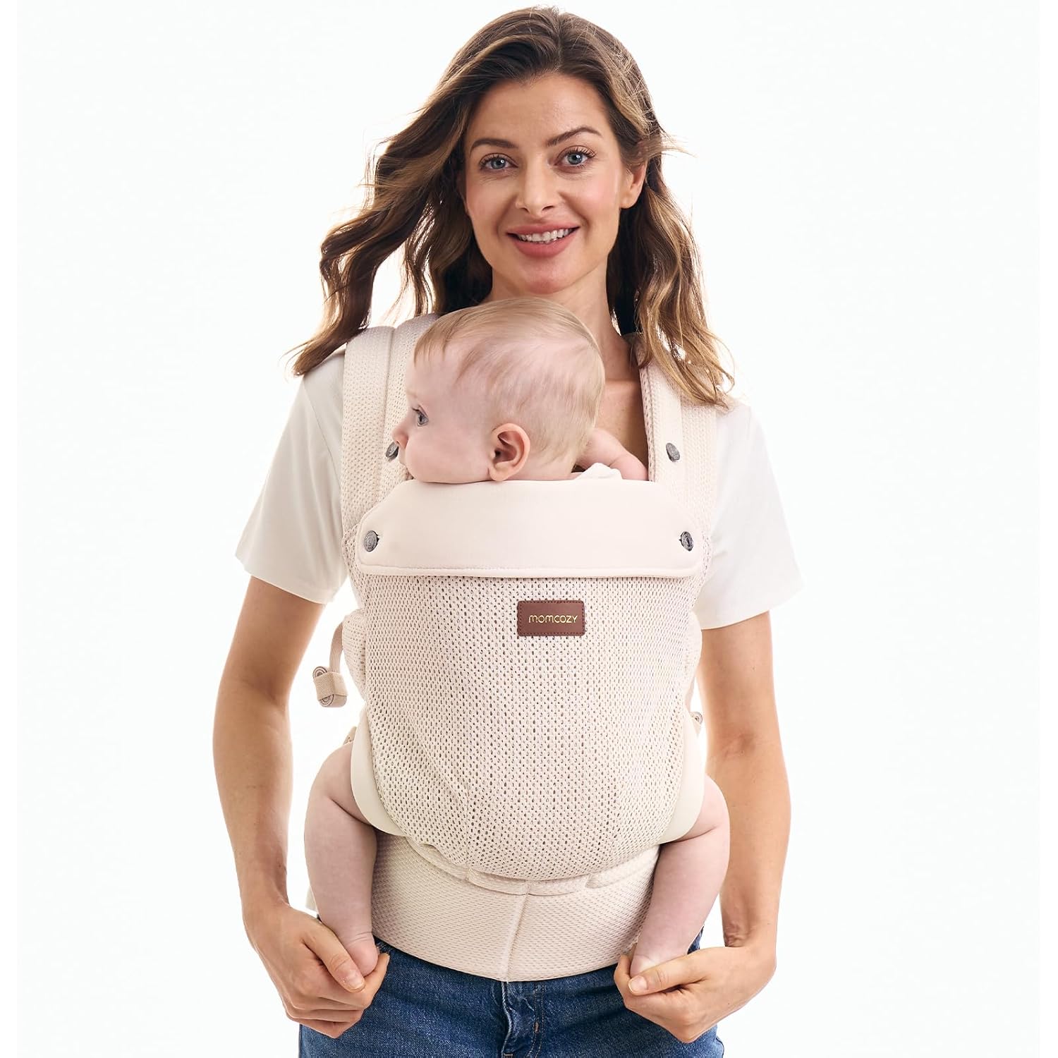 Momcozy Baby Carrier – Ergonomic, Cozy and Lightweight Carrier for 7-45lbs, Effortless to Put On, Ideal for Hands-Free Parenting, Enhanced Lumbar Support, Air Mesh-Almond