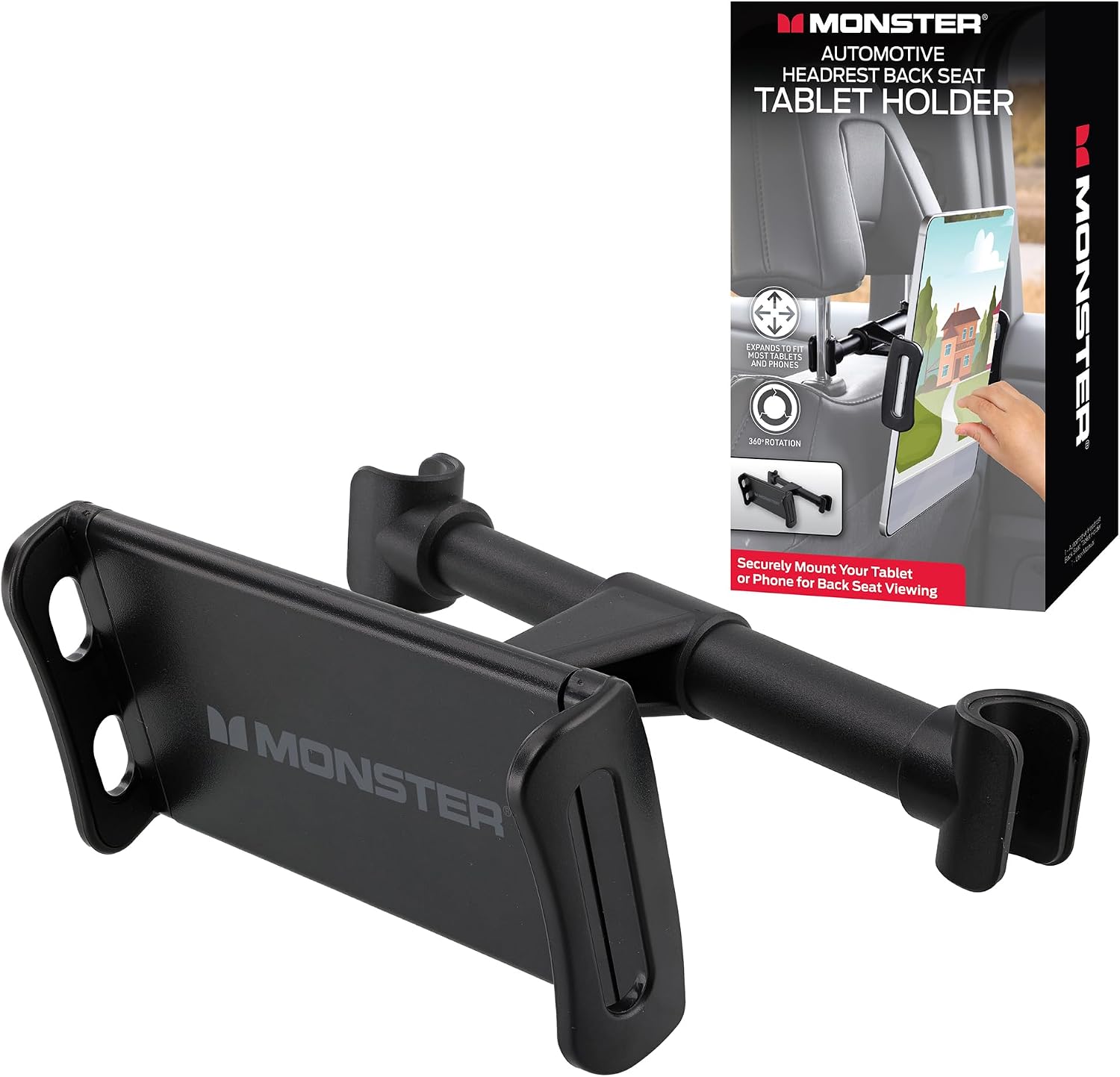 Monster Tablet Mount for Car Headrest, Adjustable Car Tablet Holder for Back Seat Kids, Fits All Tablets up to 7.87” Inches (4”-12” + Sized Tablets), for iPad Pro, Mini, Air, Fire, Galaxy, and More
