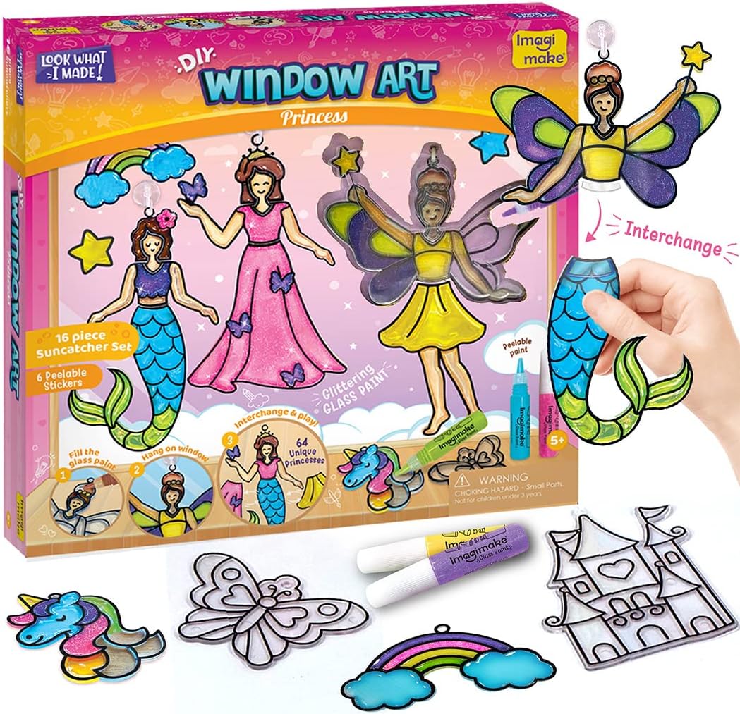 Imagimake Window Art Princess | Unicorn & Mermaid Suncather Kit | 16 Pieces Glass Painting Set | Kids Activities Ages 5-8 | DIY Craft Kit | Birthday Gifts for Girls Ages 5,6,7,8,9,10,12 Years Old