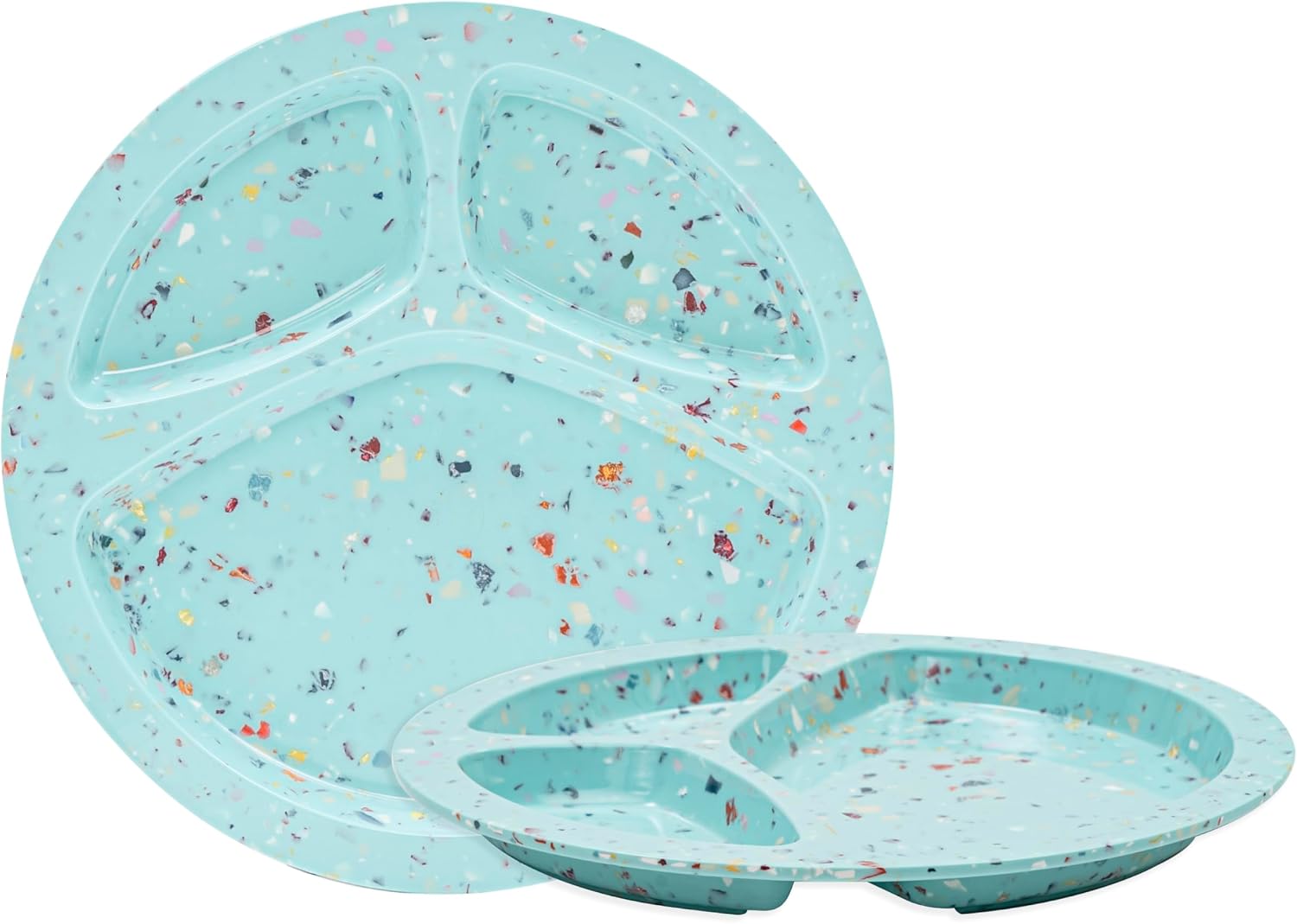 bzyoo 9-Inch Divided Plates Set of 2, 100% Melamine Portion Control Plates for Adults & Kids, Modern Confetti Pattern, BPA-Free & Dishwasher Safe, Ideal for Camping, RV, and Daily Use (Green)