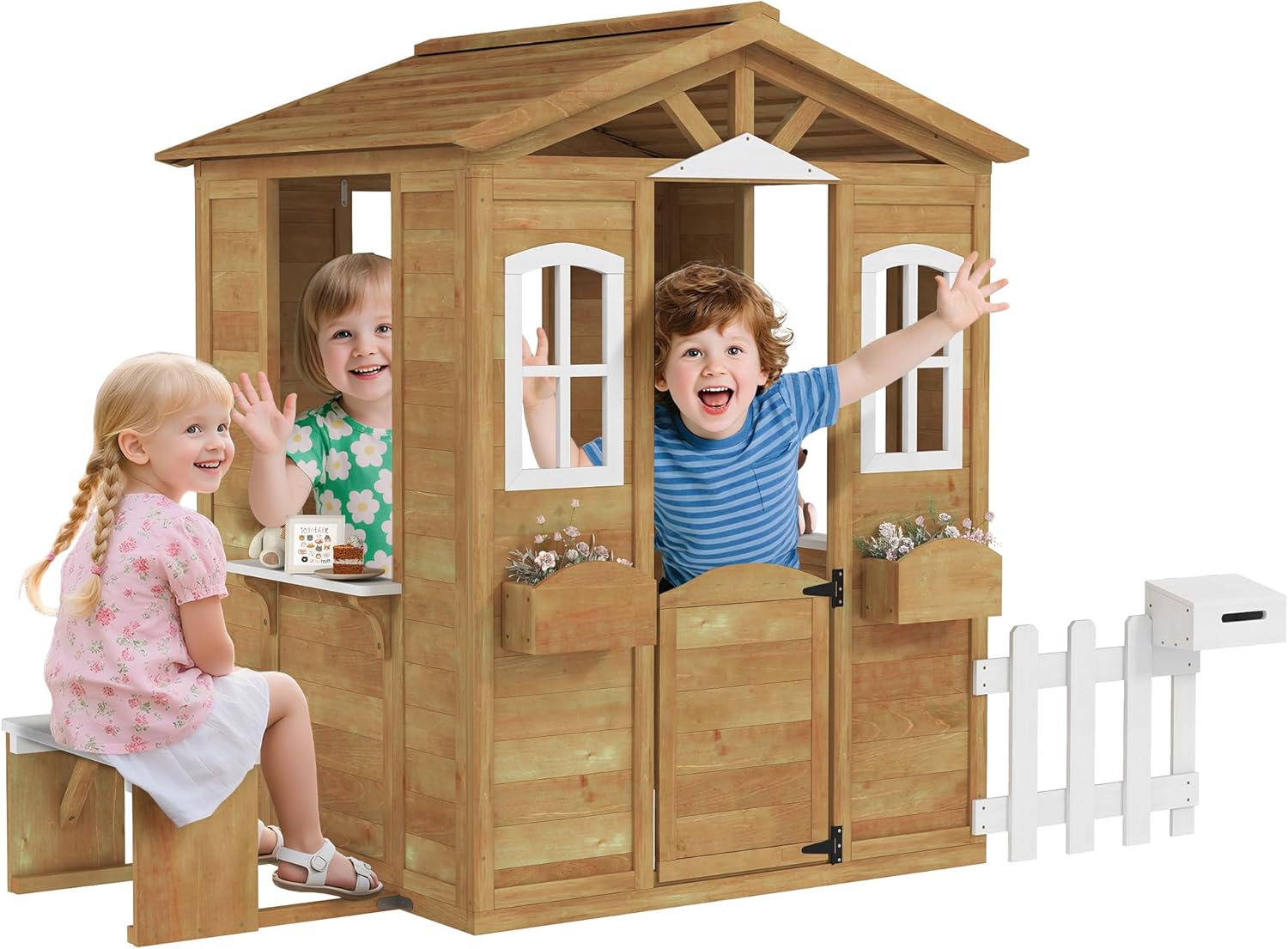 Outsunny Outdoor Playhouse for Kids Wooden Cottage with Working Doors Windows & Mailbox, Pretend Play House for Age 3-6 Years, Natural Wood