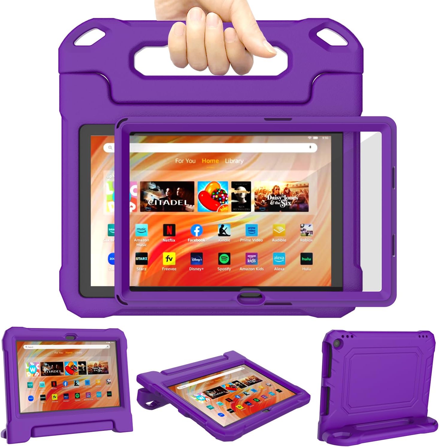 DJ&RPPQ Kids Case for iPad 10in Tablet Case for Kids,Shockproof Kid-Proof Cover with Screen Protector Handle Stand, Purple