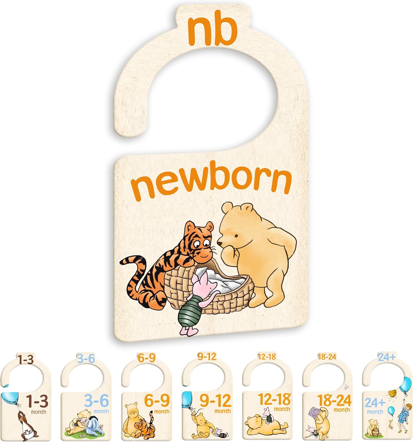 JMOST Pooh Bear Baby Closet Dividers for Nursery Closet Organizer, Newborn to 24 Months Size Clothes, Bear Hangers with Size Dividers, Double Sided