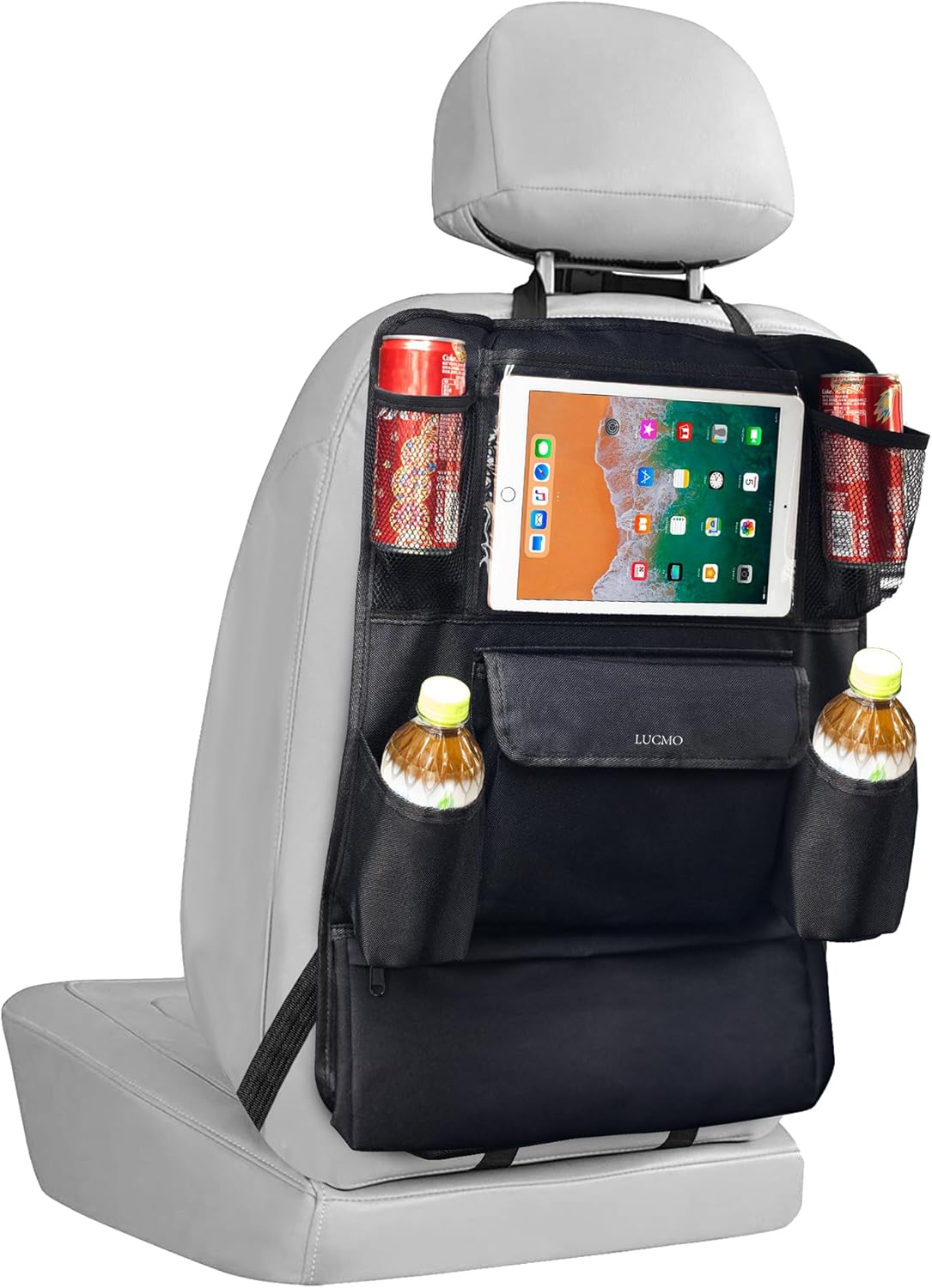 LUCMO Car Backseat Organizer with Touch Screen Tablet Holder, Black | 9 Storage Pockets,Clear Tablet Holder,Protectors Kick Mats,Travel Accessories,Seat Cover,Road Trip Essentials