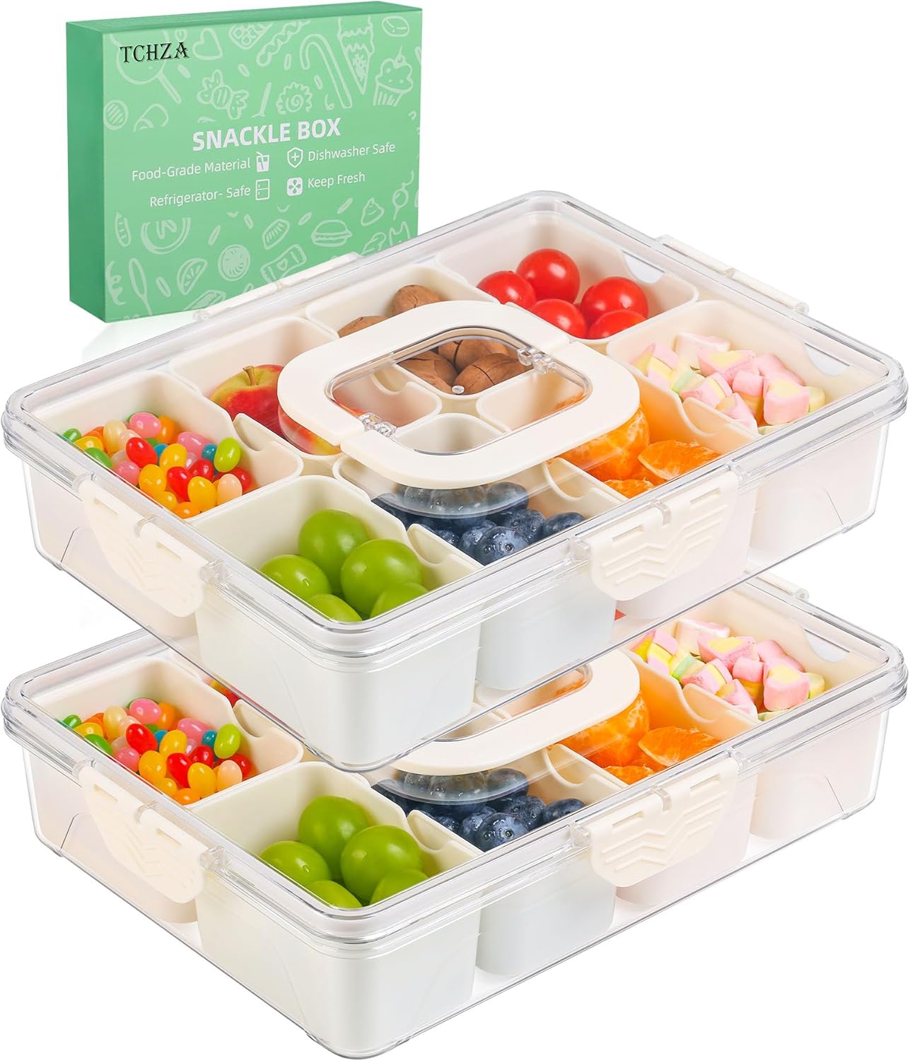 2 Pack Snackle Box Container – Dishwasher Safety Divided, Serving Tray with Lid and Handle – Charcuterie Board for Portable Snack Platters – Clear Organizer for Fruits Snacks,Perfect for Road Travel