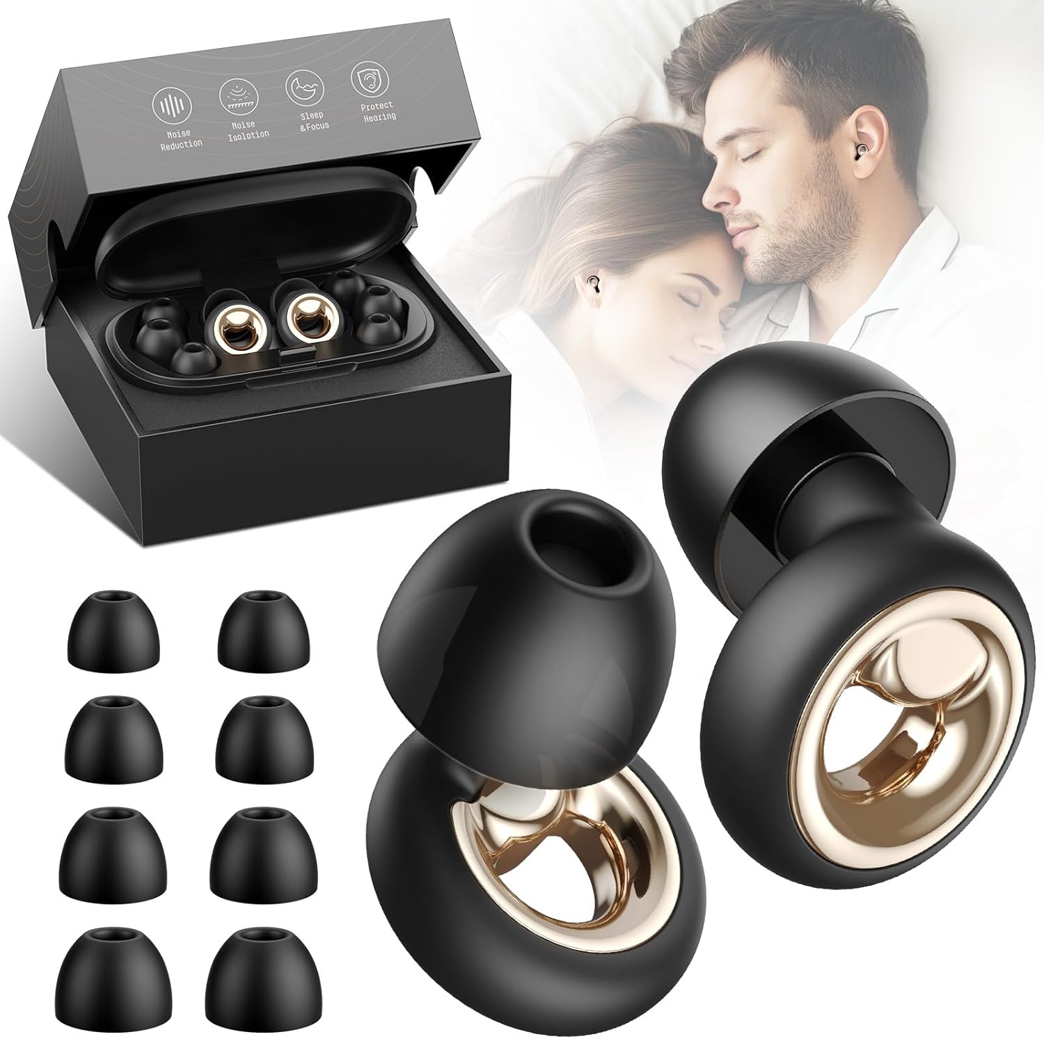 45dB Ear Plugs for Sleeping Noise Cancelling, Soft Earplugs for Concert, Reusable Ear Plugs for Noise Reduction with 8 Ear Tips, Silicone Hearing Protection for Work, Travel(Midnight Gray)