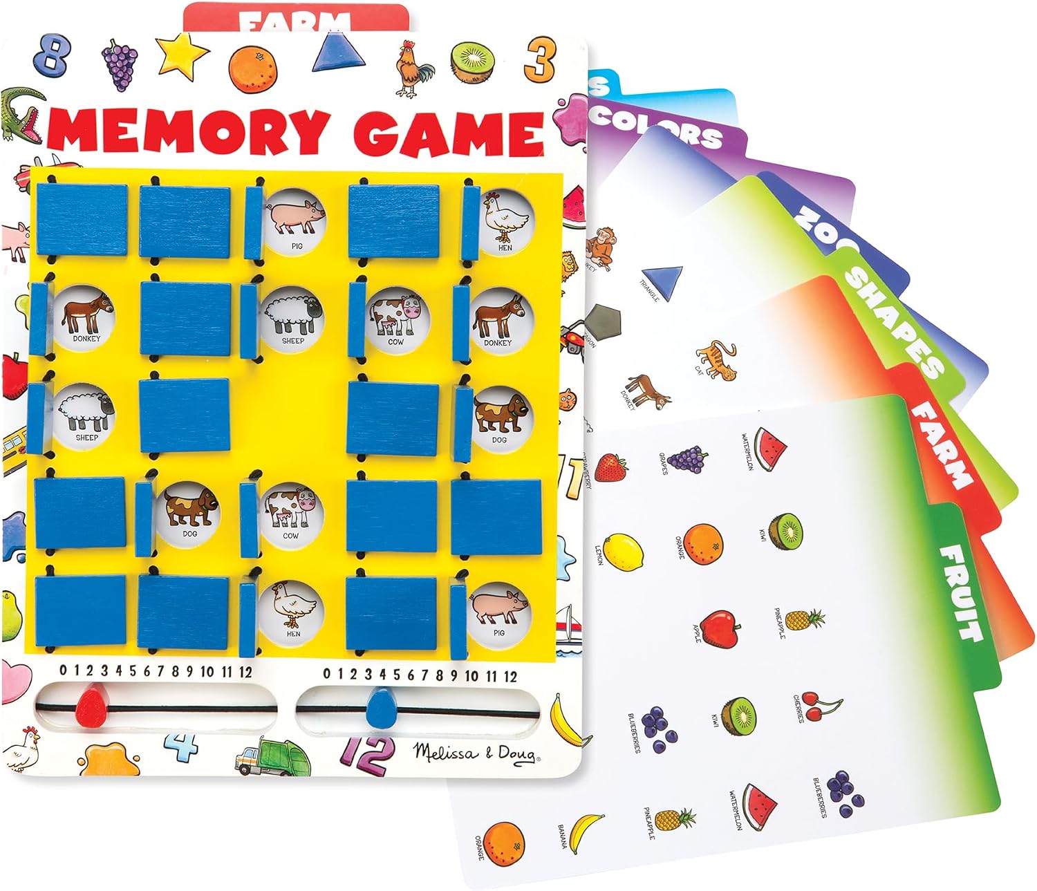 Melissa & Doug Flip-to-Win Portable Wooden Travel Game Board with 25 Flaps & 7 Double-Sided Memory Game Cards—Animals, Colors, Fruits, Shapes & Much More—Preschool Toys for Kids Ages 5+