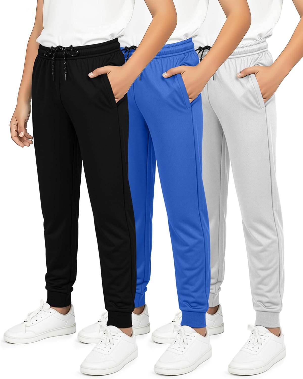 Real Essentials 3 Pack: Boy’s Mesh Jogger Sweatpants – Youth Kids Baseball Football Athletic Pants with Pockets