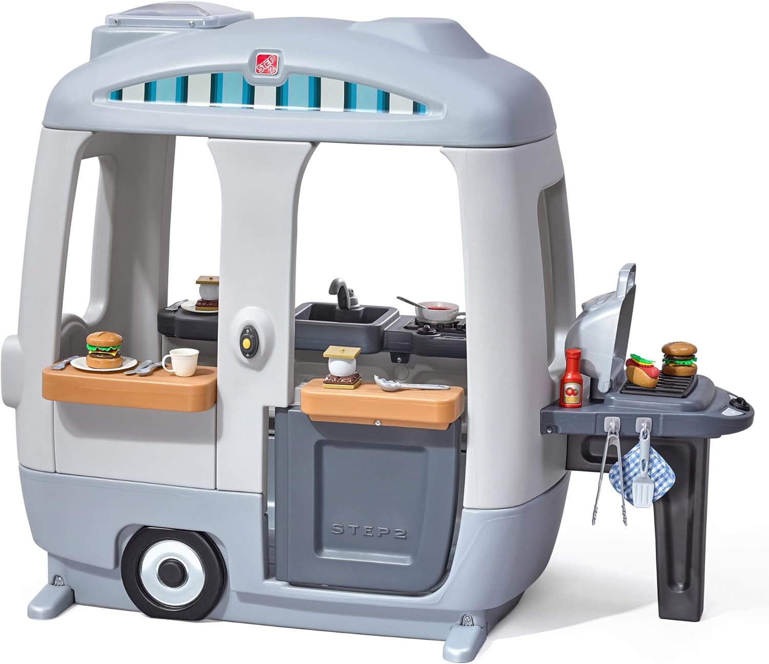 Step2 Adventure Camper Kids Playhouse, Indoor/Outdoor Playset with Kitchenette, Interactive Doorbell Sounds, 52-Piece Toy Accessories, Durable Plastic, For Toddlers 2+ Years