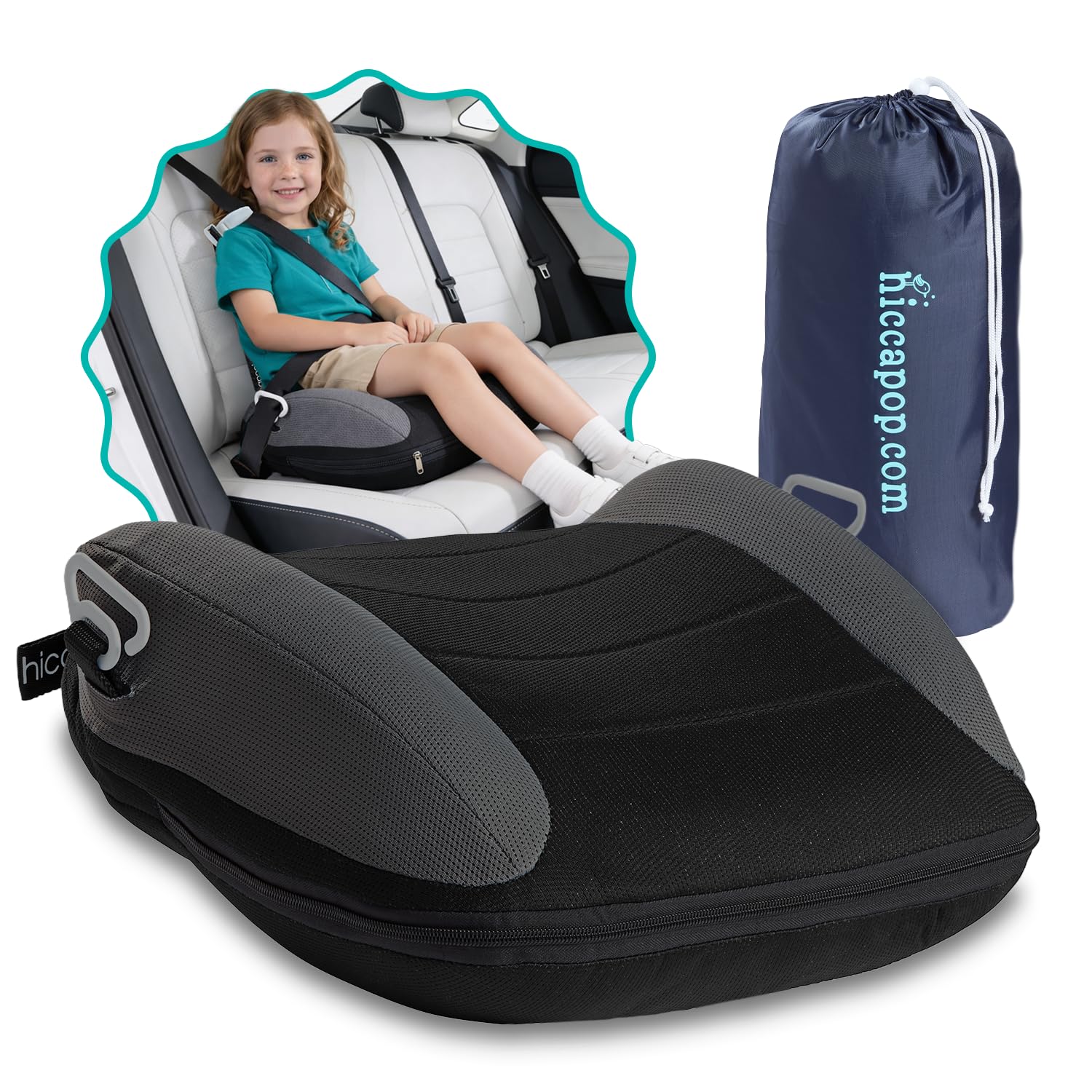 Hiccapop UberBoost Inflatable Backless Booster Seat for Kids, Portable Travel Car Seat | Classic Graphite Black