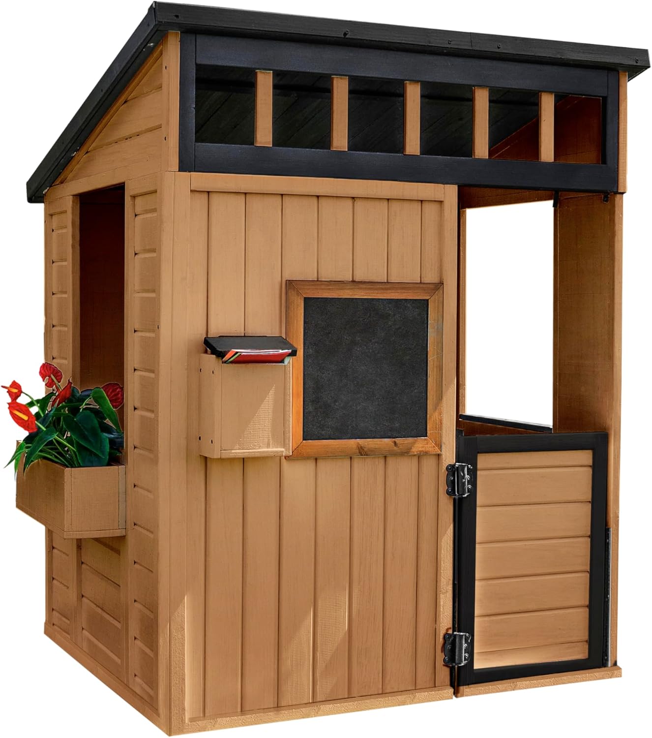 Backyard Discovery Caraway Cottage Cedar Wooden Kids Playhouse with Play Kitchen, Chalkboard, Mailbox, Half Door, Windows, Flower Box, Modern Farmhouse Design for Outdoor Imaginative Play