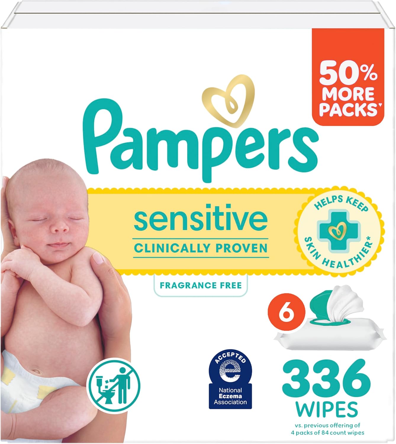 Pampers Sensitive Baby Wipes, Clinically Proven, Fragrance Free, Unscented, Water Based, Hypoallergenic, Multi-Use, Hand Wipes 336 Wipes Total (6X Flip-Top Packs) [Packaging May Vary]