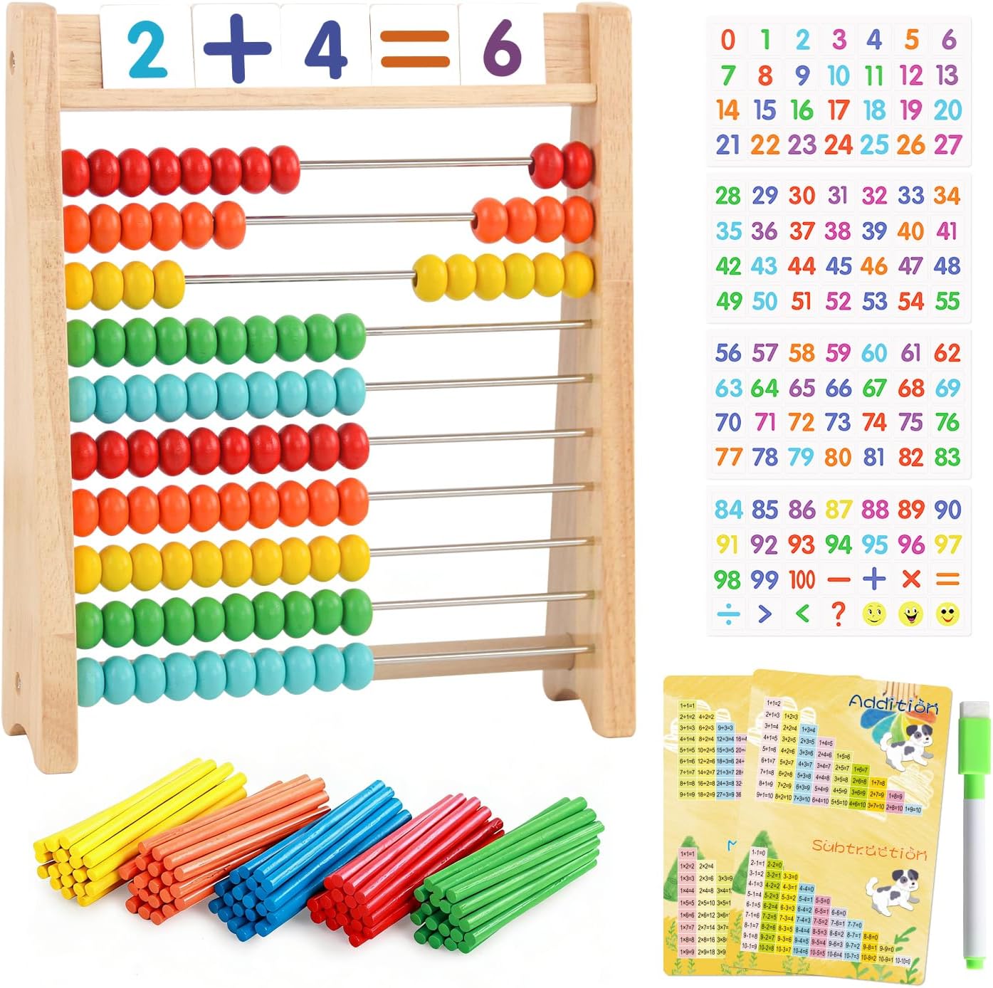 Wooden Abacus for Kids Math Games for Kids 5-7 Abacus Counters Homeschool Counting Toys for 3-5 6-8 Boys Girls Gifts Math Manipulatives Educational Learning Toys for 4 Year Old with Number Cards 1-100
