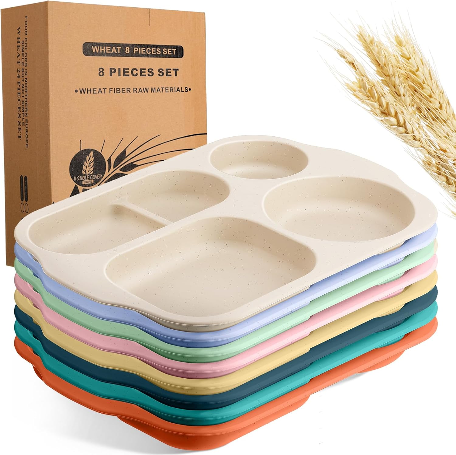 Vesici 8 Pcs Large 12 Inch Unbreakable Divided Plates for Kids Adults – Wheat Straw Tray – Microwave Dishwasher Safe – Reusable Plastic Compartment Plates(Multicolor)