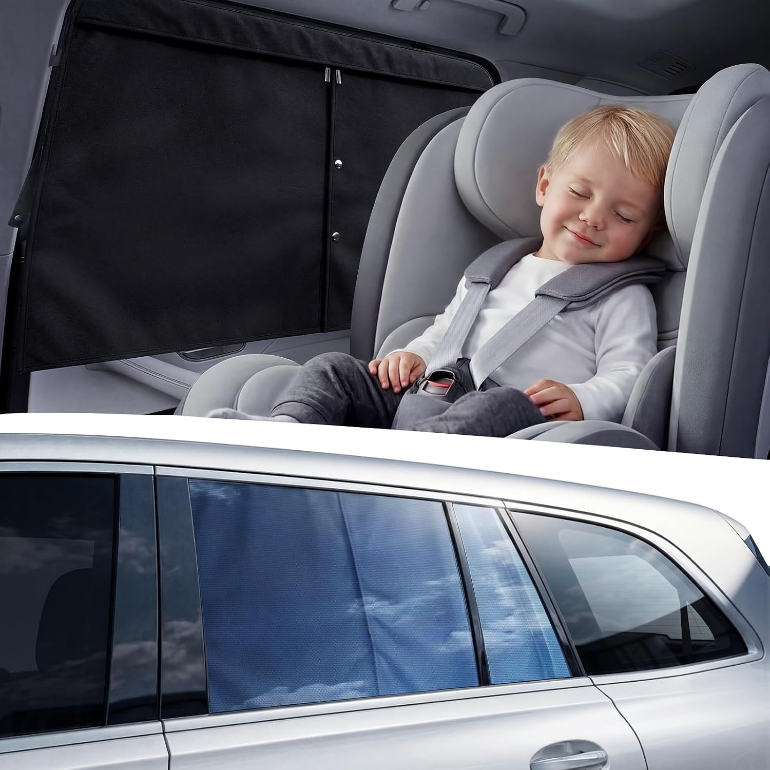 Nmoiss Exclusive Dual-Layer Car Side Window Sunshade [100% Sun Protection & Privacy, Protecting Skin & Eyes], Convertible Blackout & Mesh Shade for Baby
