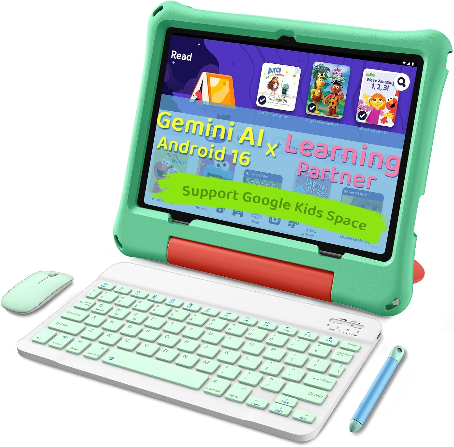 aiprotablet Kids Tablet, Android 16 Tablet for Kids 10 inch Octa-Core 2.2GHz with Case, 30GB RAM 64GB ROM, 2TB Expand, Parental Control, Dual Camera, BT, WiFi, with Keyboard Mouse Stylus, Gift (Green)