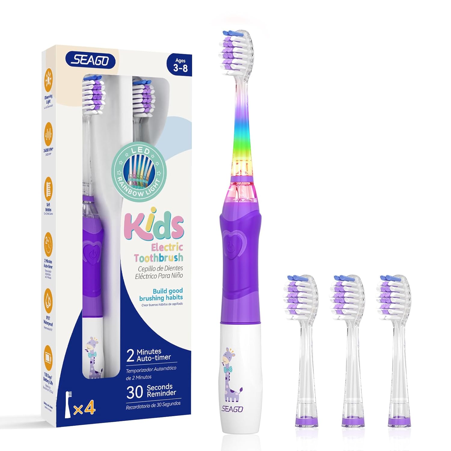 SEAGO Kids Electric Toothbrush with 2 Mins Brushing Timer and 4 Replacement Brush Heads,Rainbow LED Light Make Brushing Fun, Purple Color Girls Battery Powerd Toothbrush for 3-8 Years Old，SG-977