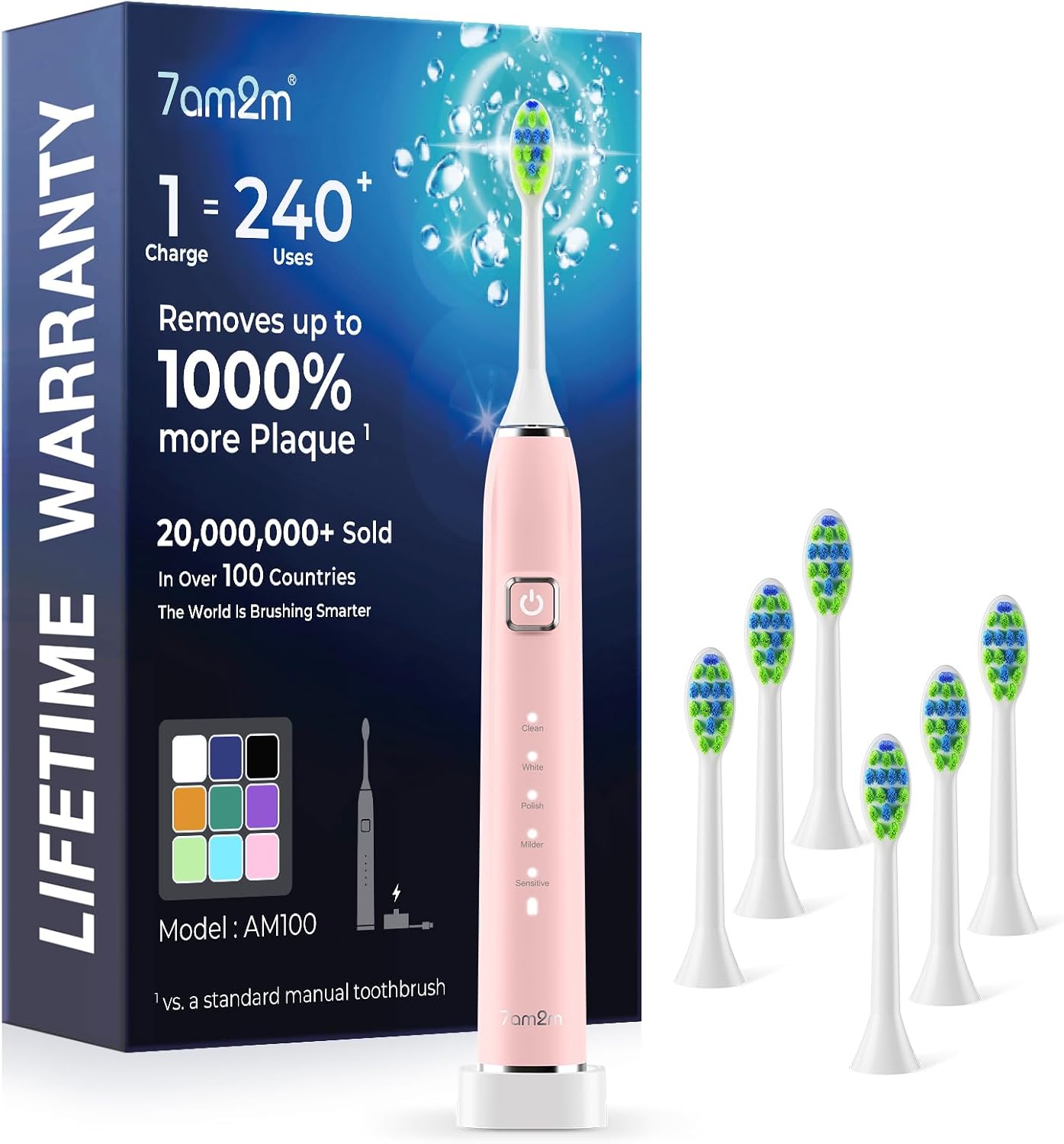 7AM2M Sonic Electric Toothbrush with 6 Brush Heads for Adults&Kids, One Charge for 120 Days, Wireless Fast Charge, 5 Modes, 40000VPM Powered Toothbrush, 2 Minutes Built in Smart Timer -Pink