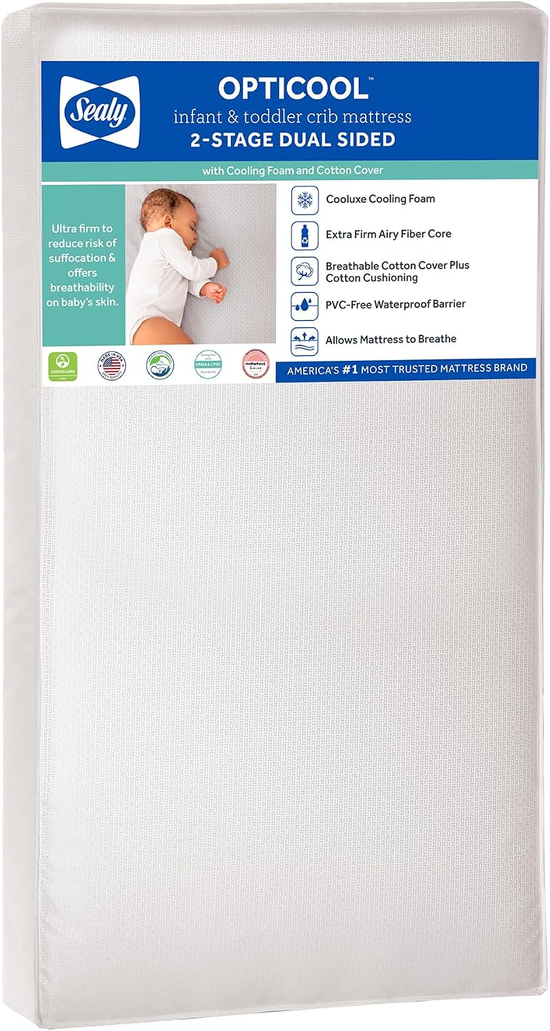 Sealy Baby 2 Stage Infant Crib Mattress Plus Toddler Bed Fit, Breathable, Cooling Foam Cotton Cover, Dual Firmness & Ultra-Lightweight, OptiCool