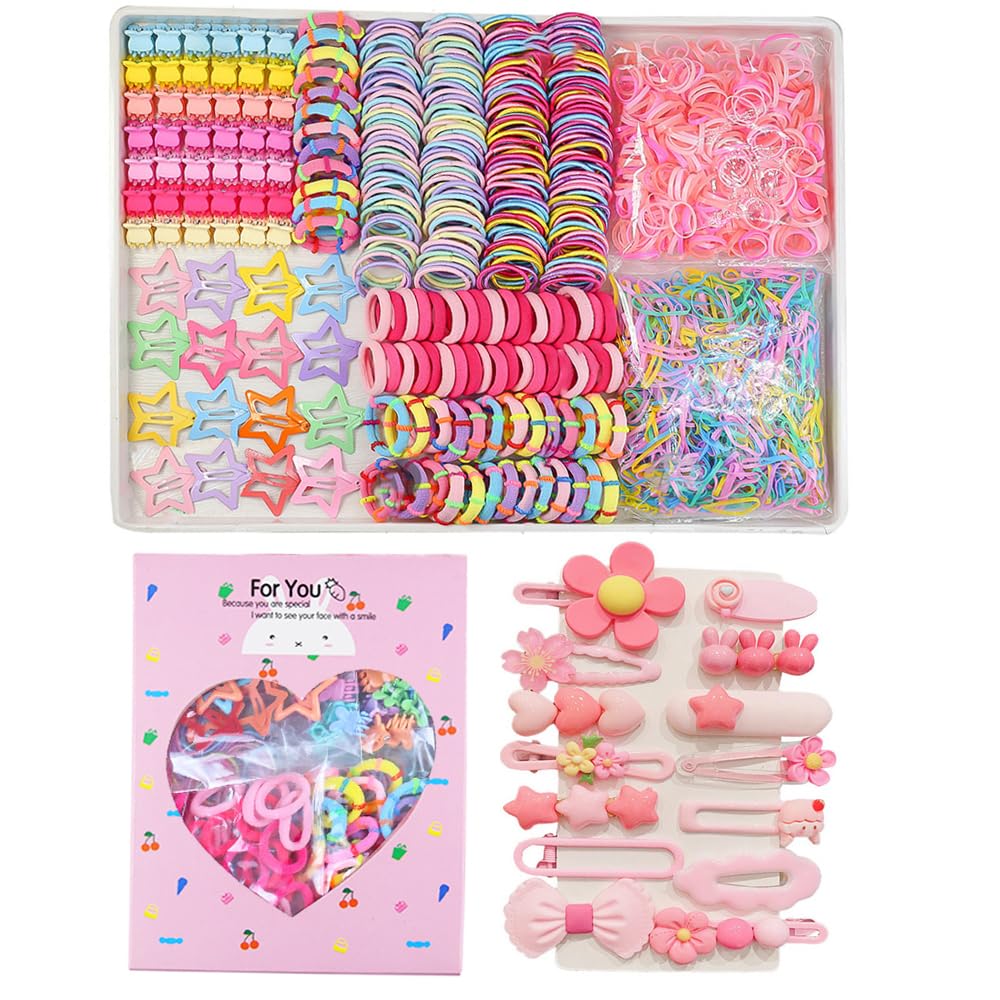 889 pcs Elastic Hair Ties for Girls Hair Accessories Ponytail Holders Colorful Rubber Bands Set with 14 pcs Cute Hair Clip