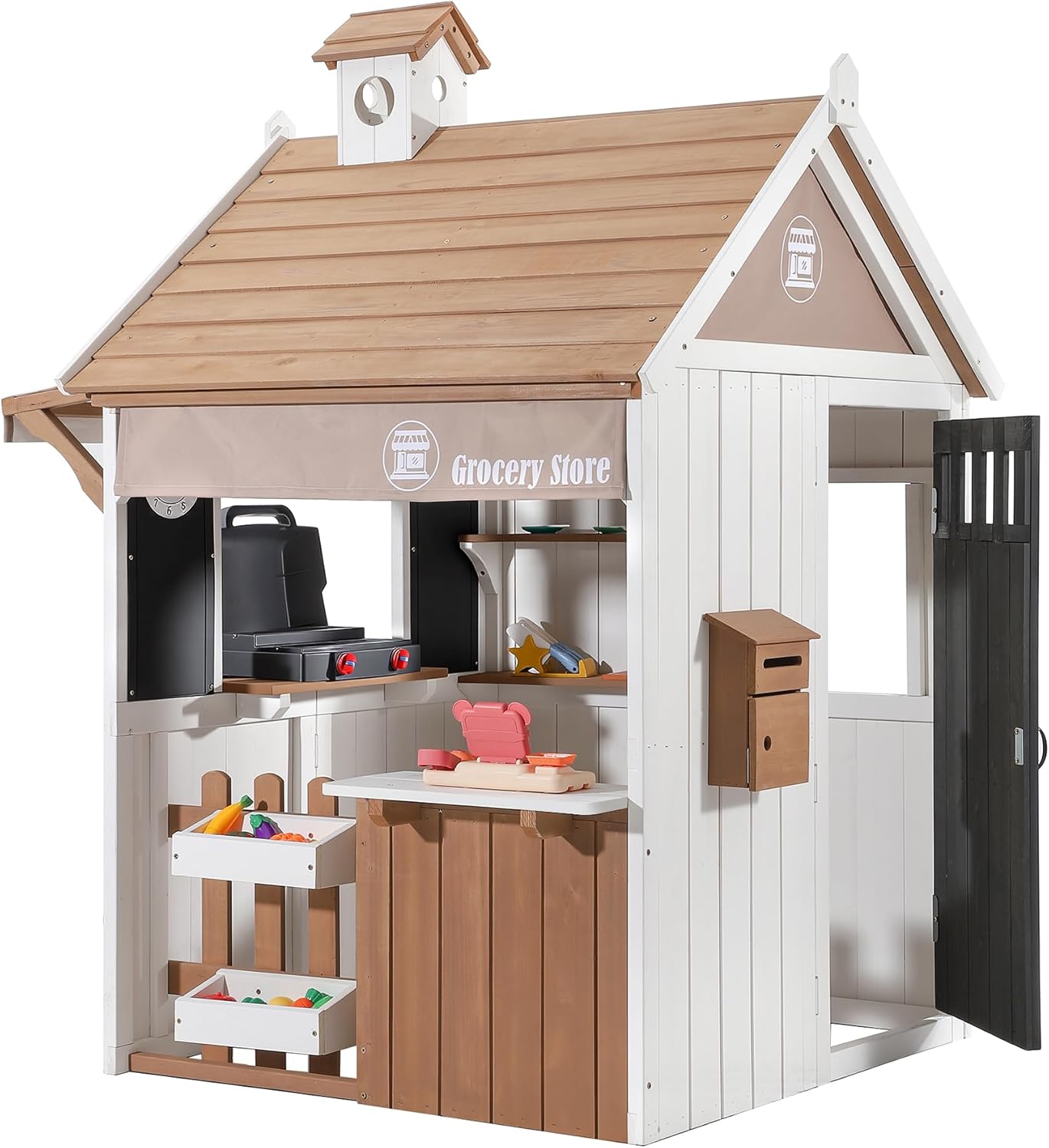 2-in-1 Kids Outdoor Playhouse, Cedar Wooden Grocery Store and Backyard Grill Station, Includes Play Food Cash Register Chalkboard and Mailbox, Imaginary Role Play Set for Kids Ages 3-6