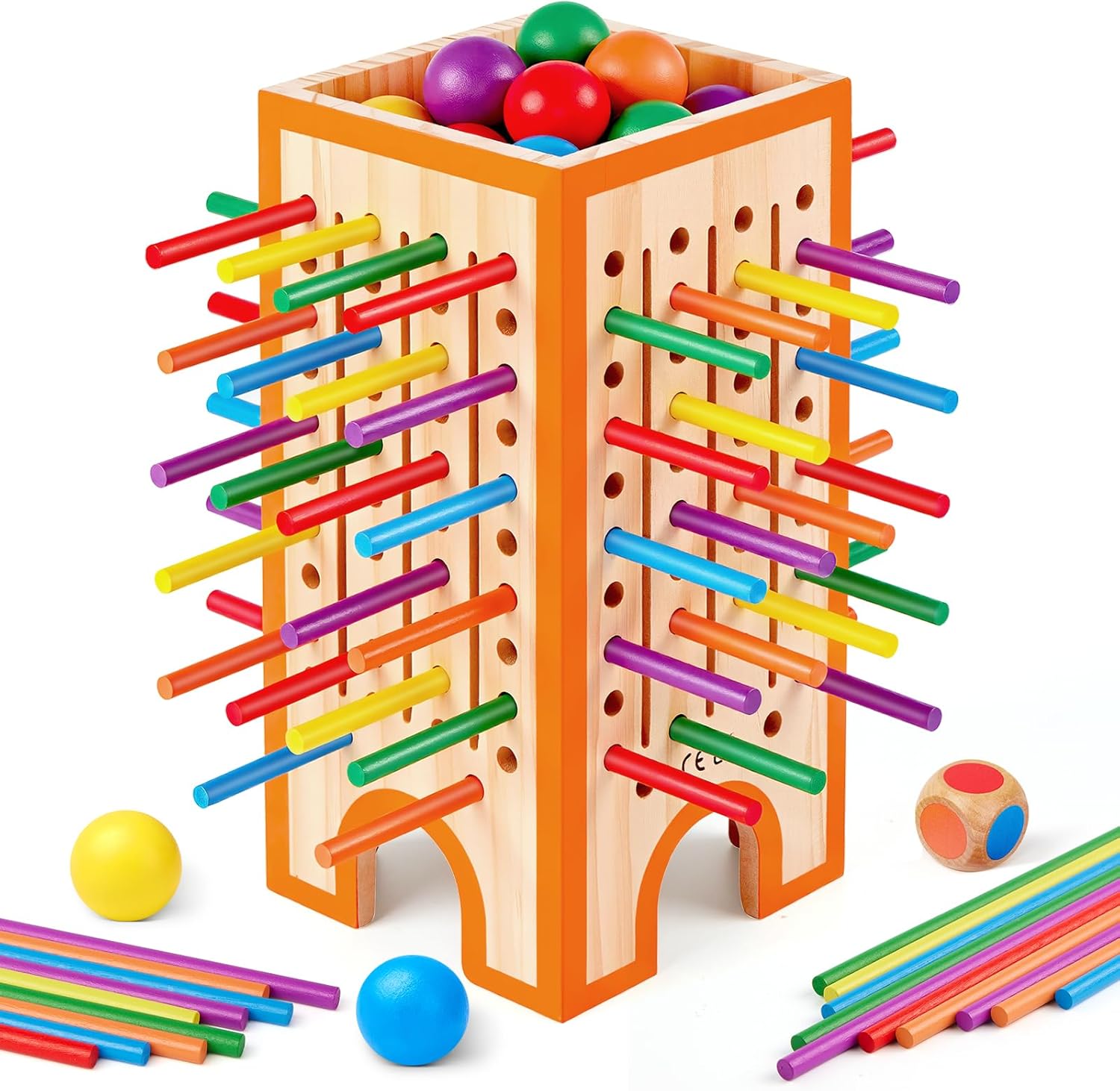 Montessori Board Game for Kids 4-6, 42 Colorful Wooden Sticks Dice Game with 12 Balls, Math & Counting Educational Toy for 3 4 5 6 Year Olds, Fine Motor Skills, Classic Table Game for Family Night