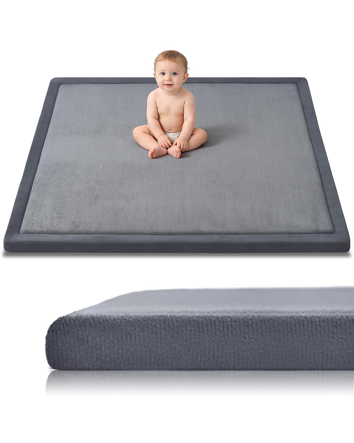 Baby Play Mat for Floor, 1.2″ Thick Memory Foam 50″×50″ Playpen Mat for Kids, Infants, Toddlers – Soft, Durable Baby Crawling Mat for Tummy Time, Sitting with Non-Slip Bottom (Dark Gray)