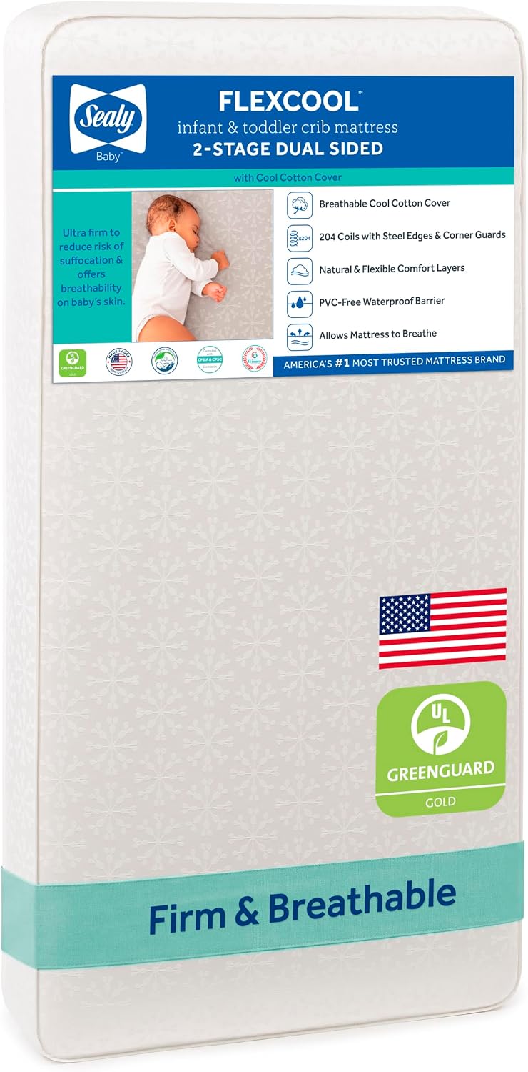 Sealy Baby Flex Cool 2 Stage Crib Mattress and Toddler Bed Mattress, Breathable Hybrid Coil Design, Waterproof Cotton Surface, GREENGUARD GOLD Certified, Standard 52×28 Size