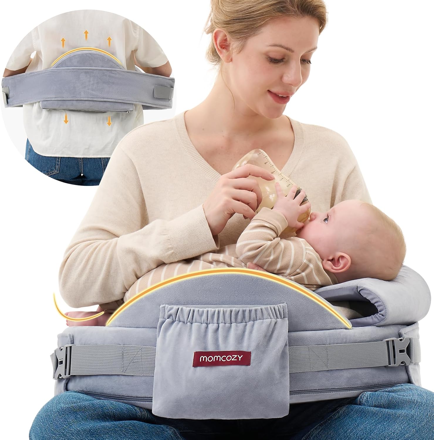 Momcozy CozyPro Nursing Pillow – All Around Lumbar & Arm Support – Safety Guard, Firm & Springy Memory Foam-Stable, Ergonomic Support, Easier Breastfeeding, Wider Cushion, Adjustable, Removable Cover