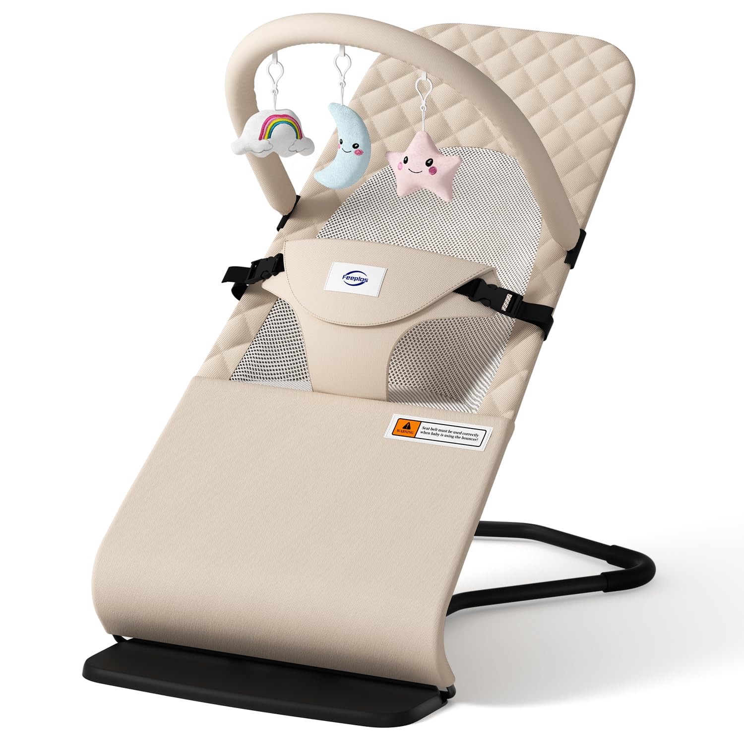 Baby Bouncer, Bouncer Seat for Babies 0-12 Months, Ergonomic Rocking Chair with Detachable Hanging Bar, 3-Height Adjustments, Foldable & Portable Infant Rocker, Machine Washable Fabric, Beige