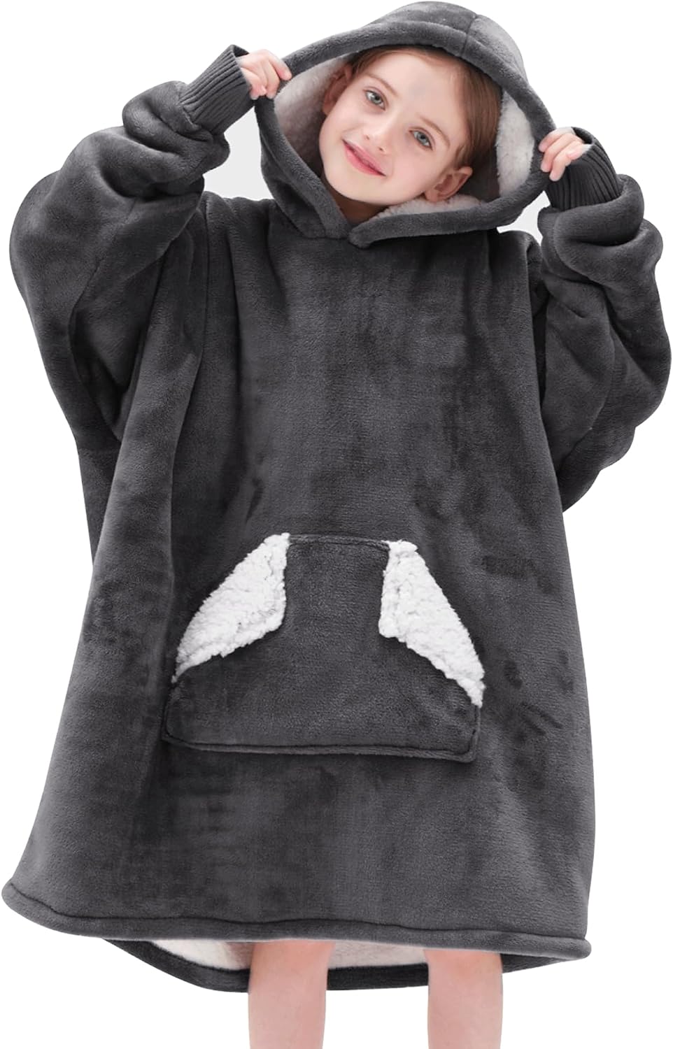 Touchat Wearable Blanket Hoodie for Kids & Teens 6-13 Year Old, Oversized Sherpa Fleece Sweatshirt with Pocket, Soft Cozy Hooded Blankets Christmas Birthday Gift for Boys and Girls, Grey