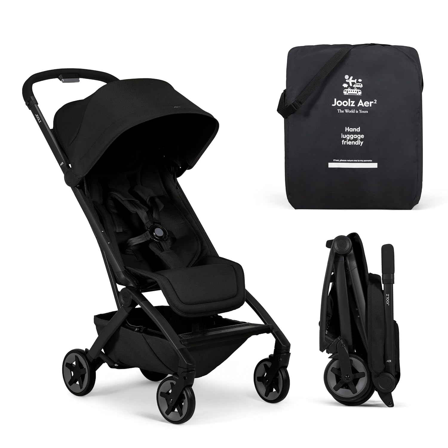 Joolz Aer2 Lightweight Travel Stroller for Baby & Toddler – One-Hand Fold, Compact Carry-On Airplane Approved, Reclining Seat, UPF 50+ Canopy, Travel Pouch, Baby Net – Space Black