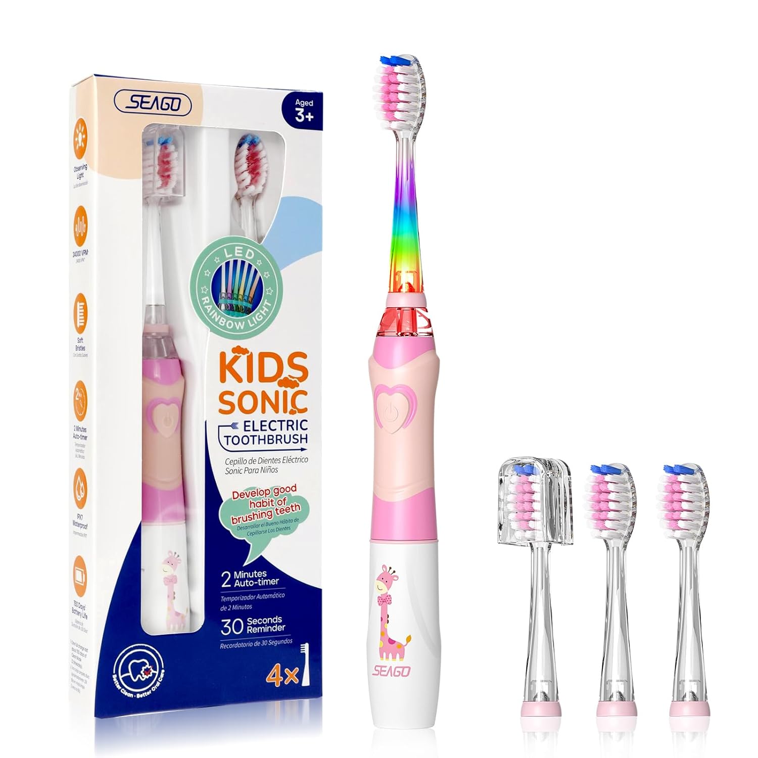 SEAGO Kids Electric Toothbrush with 2 Mins Brushing Timer and 4 Replacement Brush Heads, Rainbow LED Light Makes Brushing Fun, Boys Battery Powered Toothbrush for 4-12 Years Old，SG-977（Pink）