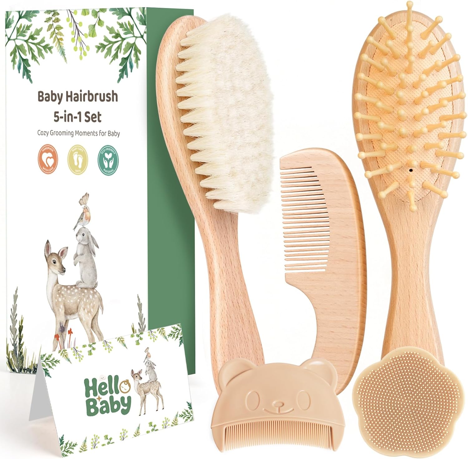5 Piece Baby Hair Brush Set, Wooden Baby Brush and Comb Set with Natural Soft Goat Hair Bristles, Cradle Cap Brush, Baby Essentials Grooming Kit for Boy Girl