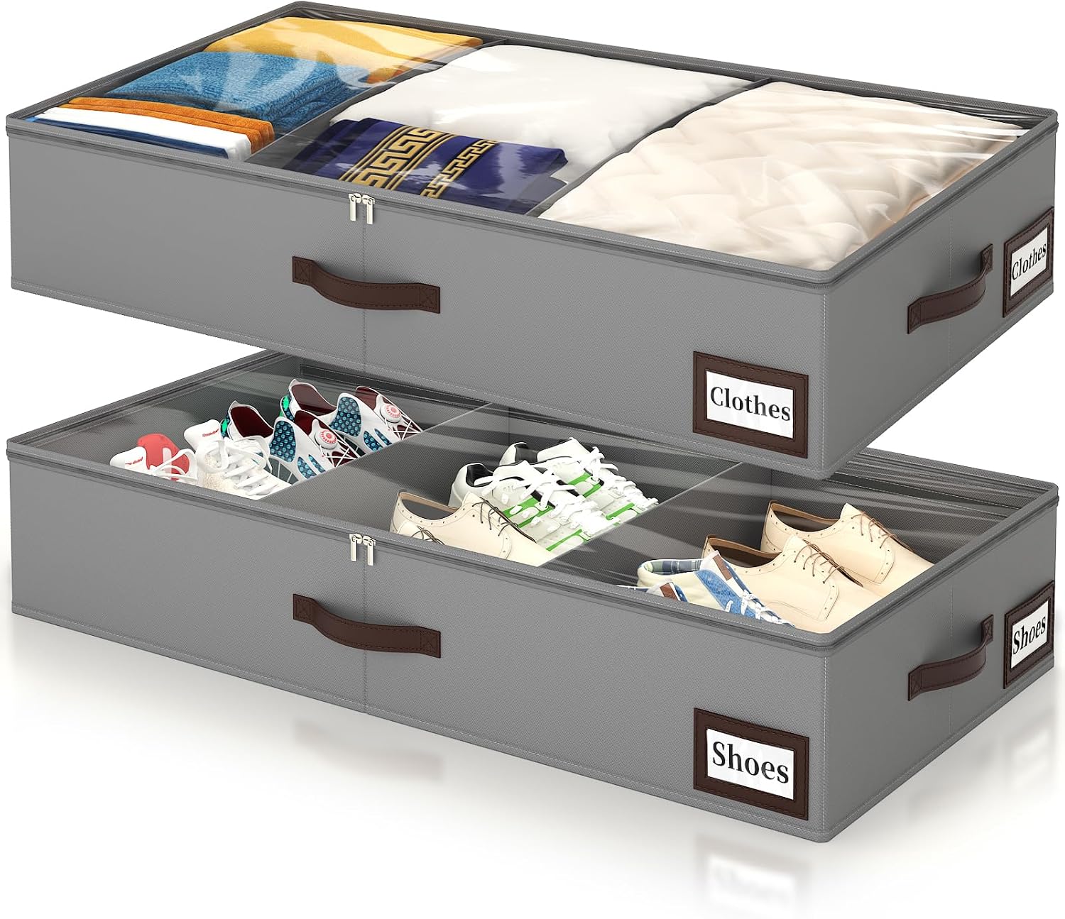 OIAHOMY 2 Pack 53L Under Bed Storage with Adjustable Dividers, 6″ Low Profile Underbed Storage Bins for Comforters & Clothes, Save Closet Space with Clear View Lid & Reinforced Handles, Grey