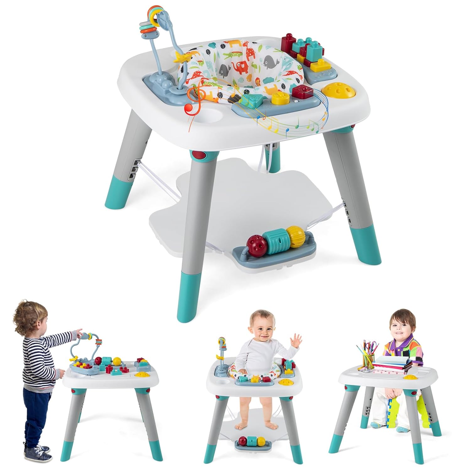 HONEY JOY Baby Bouncer Activity Center, 6-in-1 Infant Jumper & Standing Play Table w/ 360° Rotary Seat, 5 Toys, 3 Adjustable Heights, Music & Sounds, Activity Center for Babies(Blue)