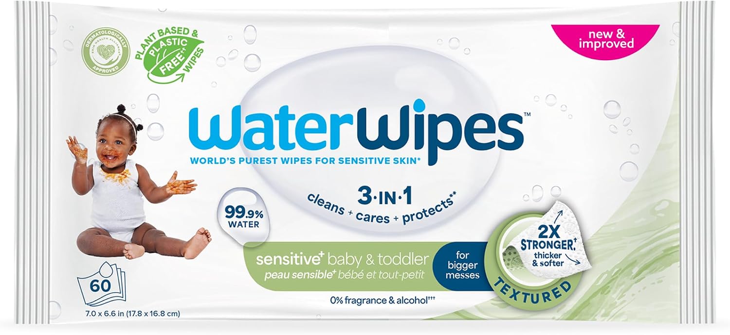 WaterWipes Sensitive+ Baby & Toddler Wipes, 3-In-1 Cleans, Cares, Protects, 99.9% Water, Textured Clean, Unscented & Hypoallergenic, 60 Count (1 Pack)