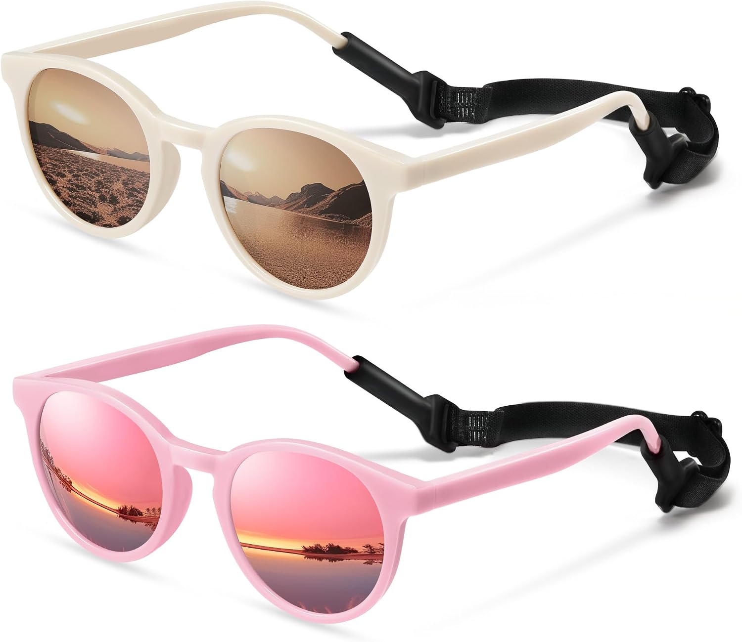 Cute Kids Polarized Sunglasses,Baby Sun Glasses with Strap for Toddler Girls Boys Flexible Round UV Protection