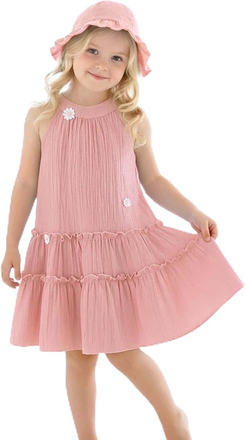 Toddler Girls Summer Dresses Casual Halter Neck Sleeveless A-Line Dress 3-Piece Spring Swing Party Sundress for 2-8T