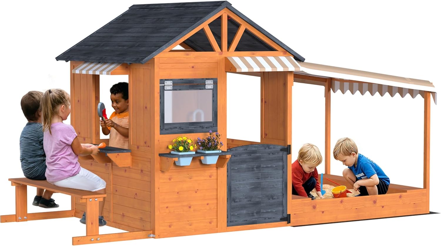 EROMMY Kids Outdoor Wooden Playhouse with Sandbox and Play Kitchen, Brown | Canopy, bench, snack bar, sink, stovetop, and flower holders turn backyard time into pretend cooking and cottage fun