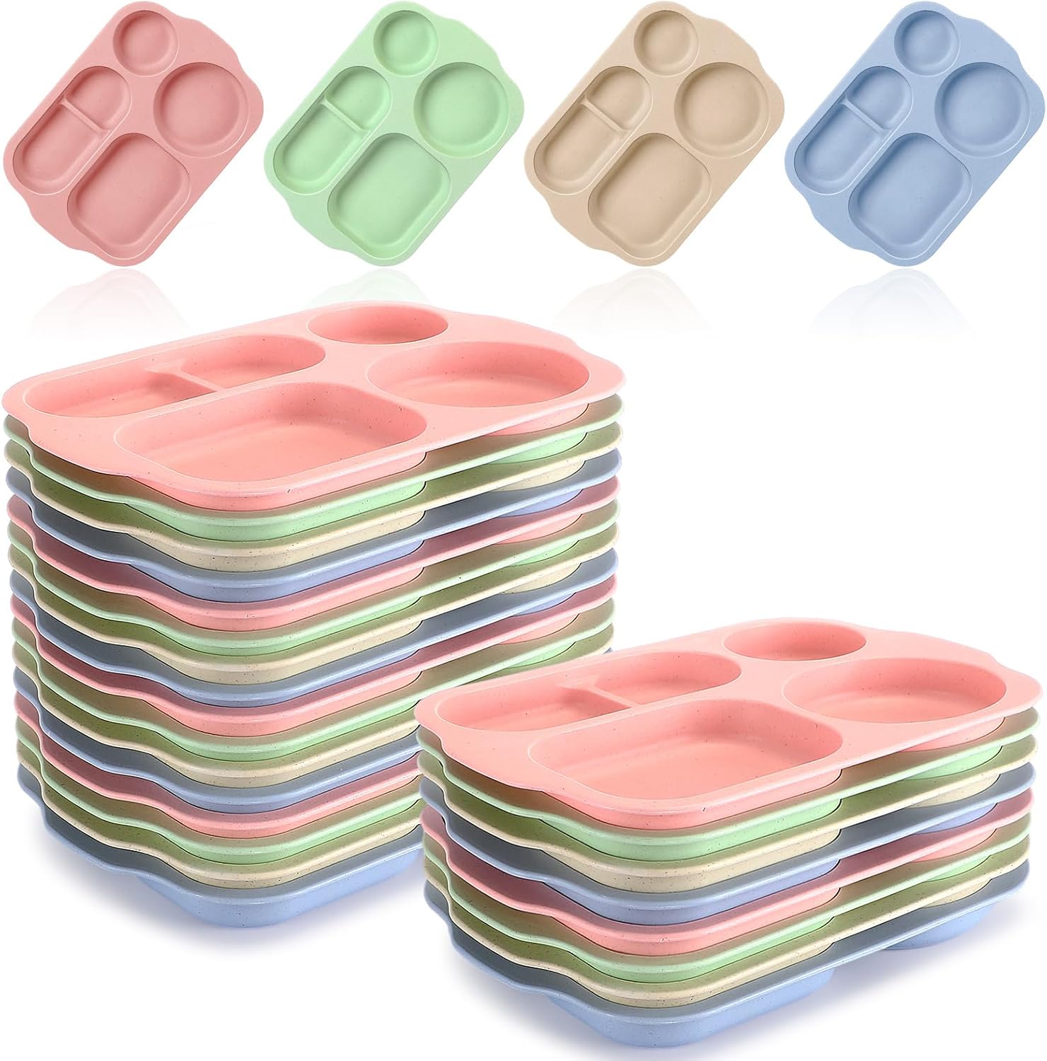 Dandat 24 Pcs 11.8 Inches Wheat Straw Kids Divided Plates Unbreakable Plastic Separated Compartment Dinner Plates Colorful Serving Lunch Tray Section Plates for Children Toddler Adult