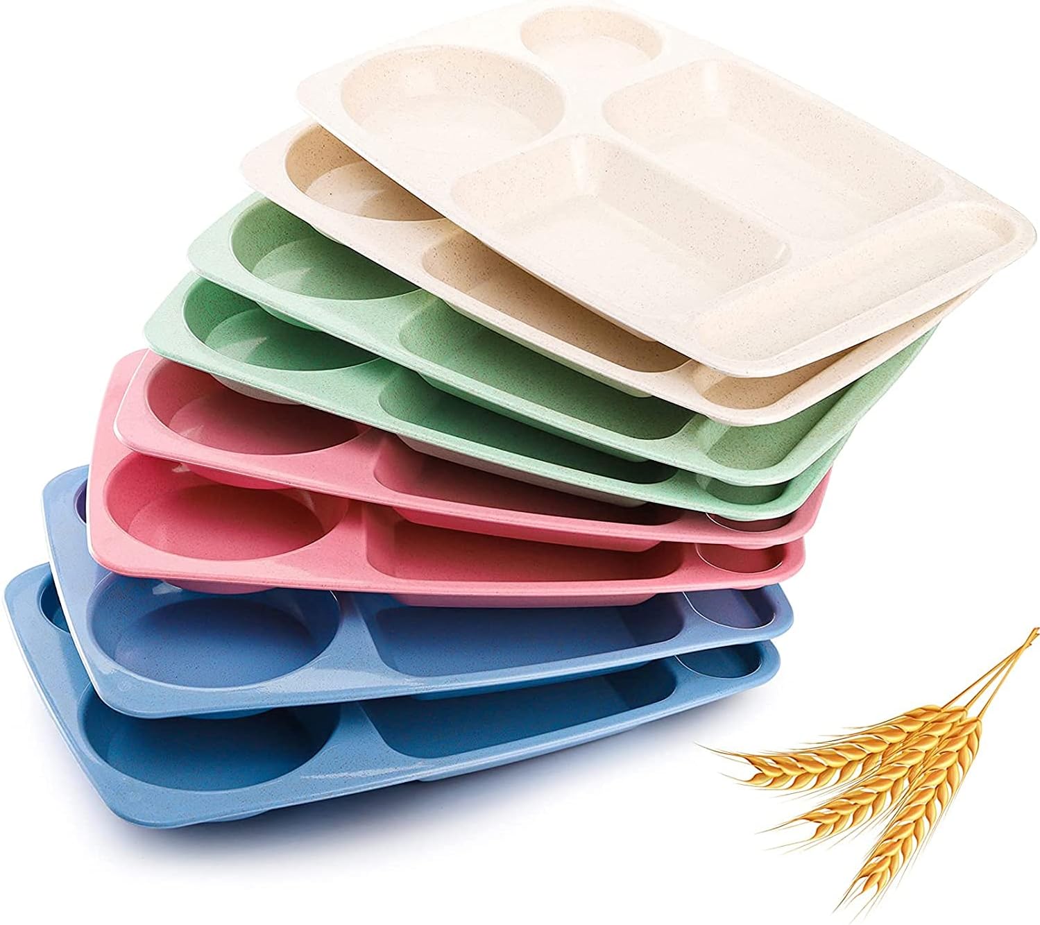 WUWEOT 8 Pack Divided Food Plates, 13.5″ Wheat Straw Tray, 5-Compartment Unbreakable Fast Food Tray, Microwave Dishwasher Safe, BPA Free, Lightweight
